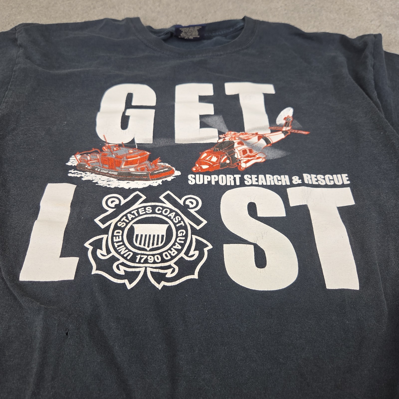 Vtg United States Coast Guard Search & Rescue MV Sport Shirt L Get Lost Support