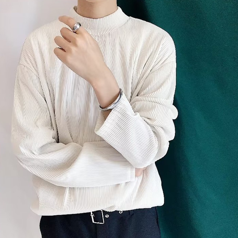 Mens Casual Pleated Drape Half Turtleneck T Shirt for Daily Wear and Commuting