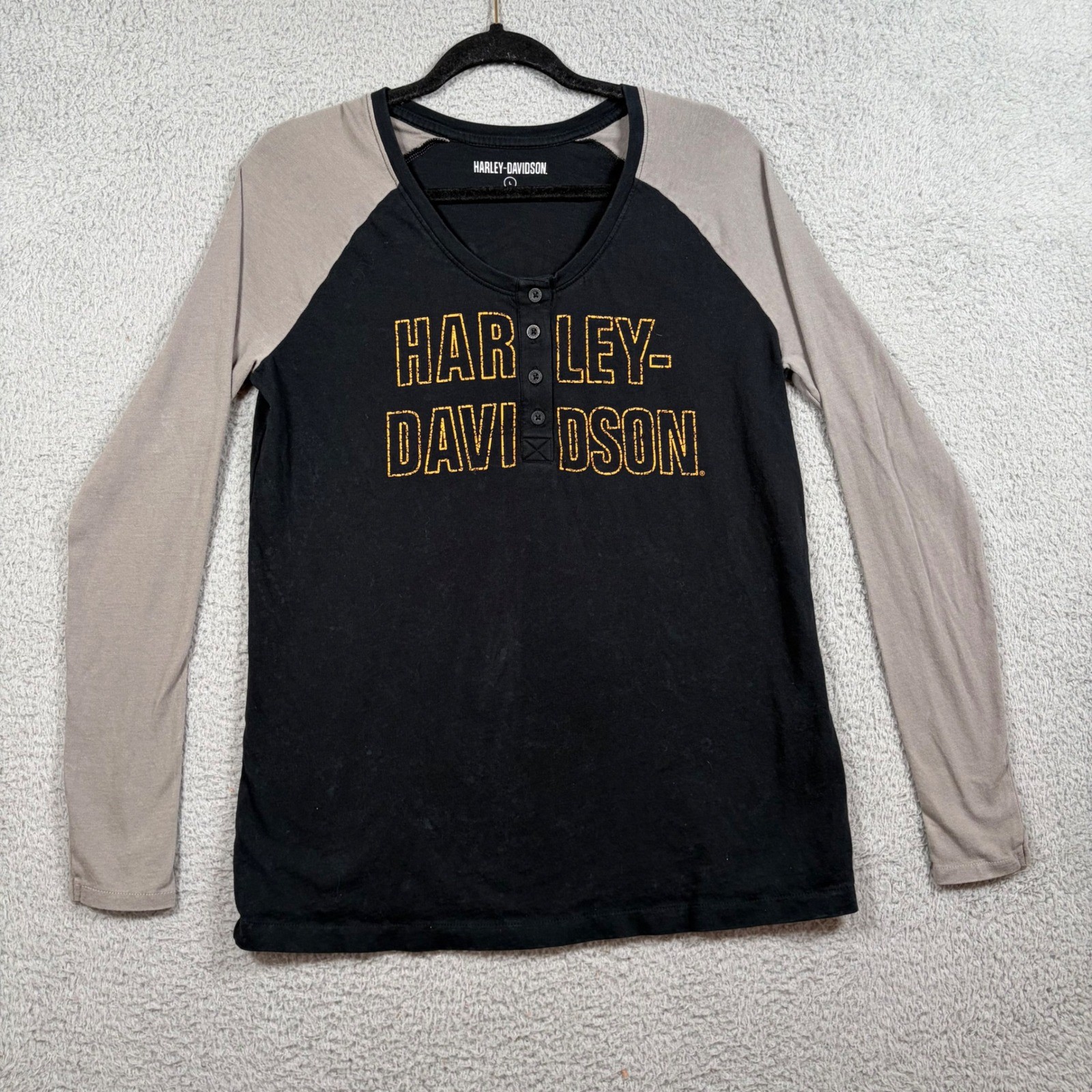 Harley-Davidson Long Sleeve Henley Shirt Black Gray Raglan Graphic Women’s Sz L