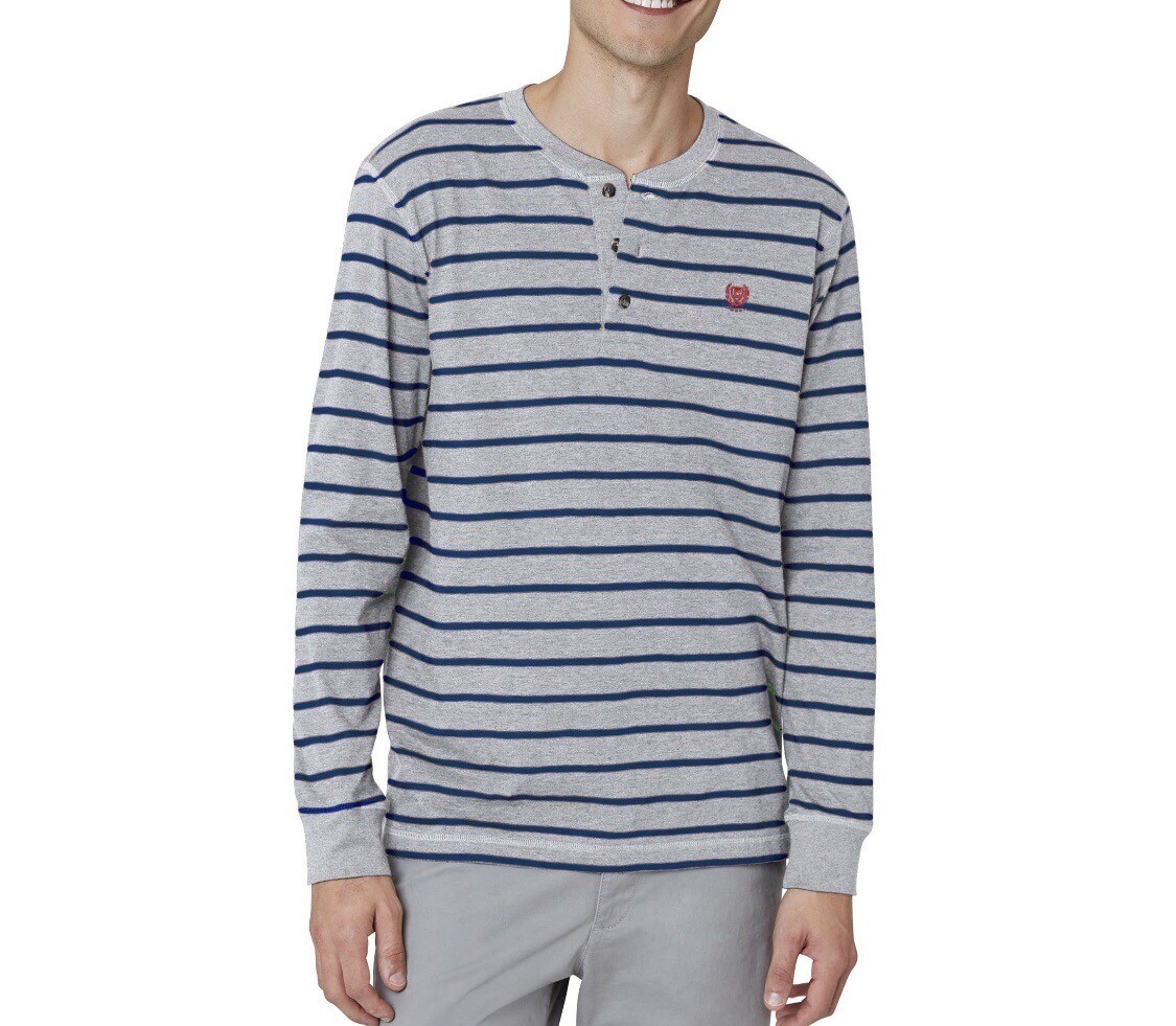 CHAPS Mens Long Sleeved T-Shirt Size Small Gray Navy Stripe Longer Length New