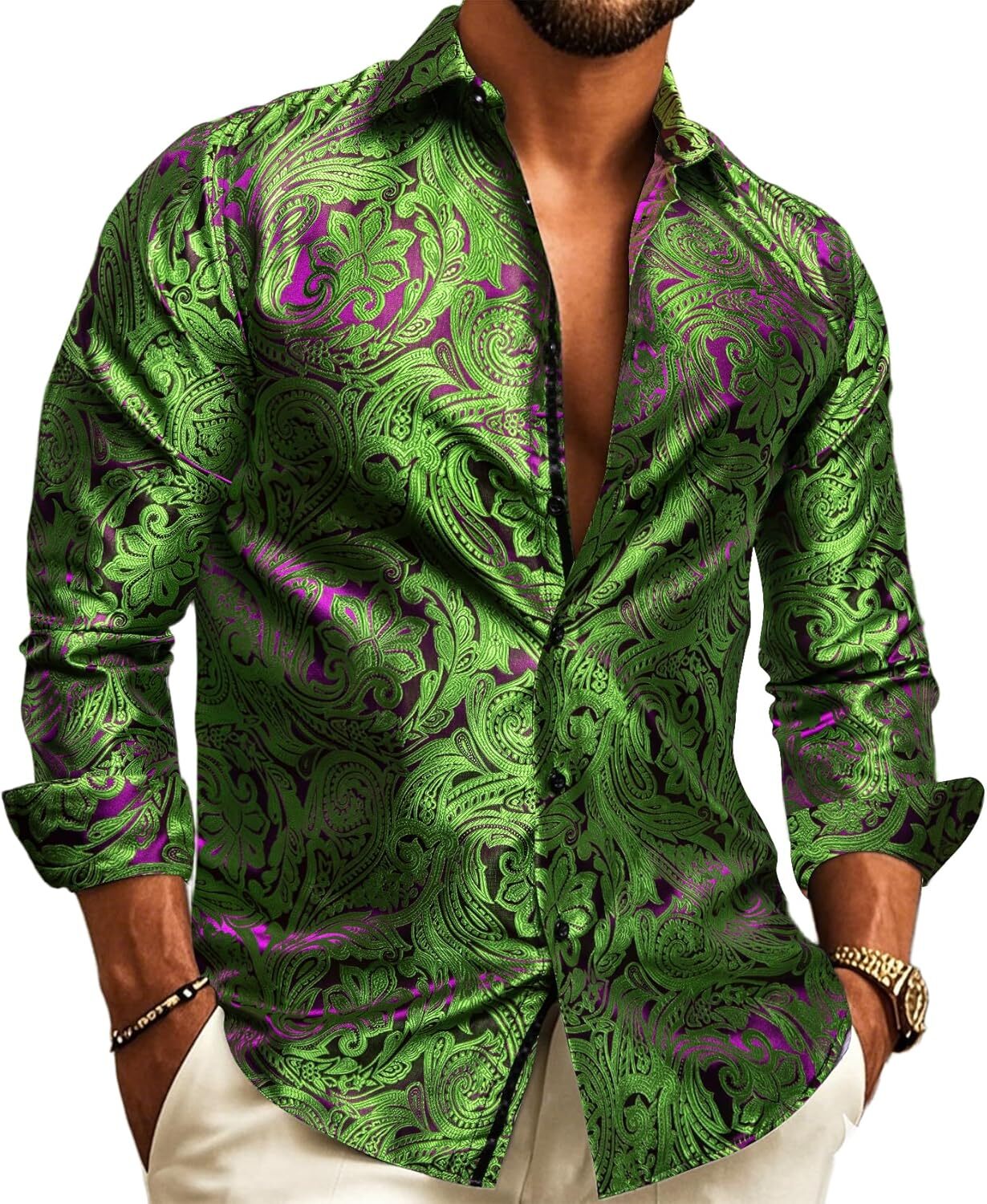 Mens Silk Paisley Western Shirt Long Sleeve Button Down Cowboy Dress Top Casual