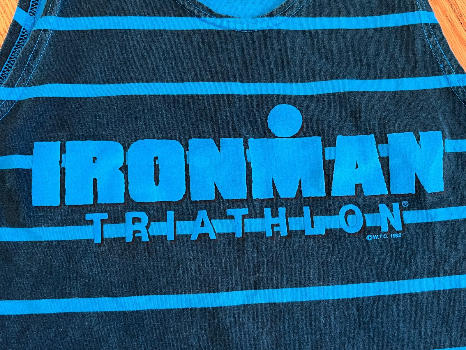 VTG 90s Ironman Triathlon Blue Striped Muscle Tank Top Shirt Medium Bodybuilding