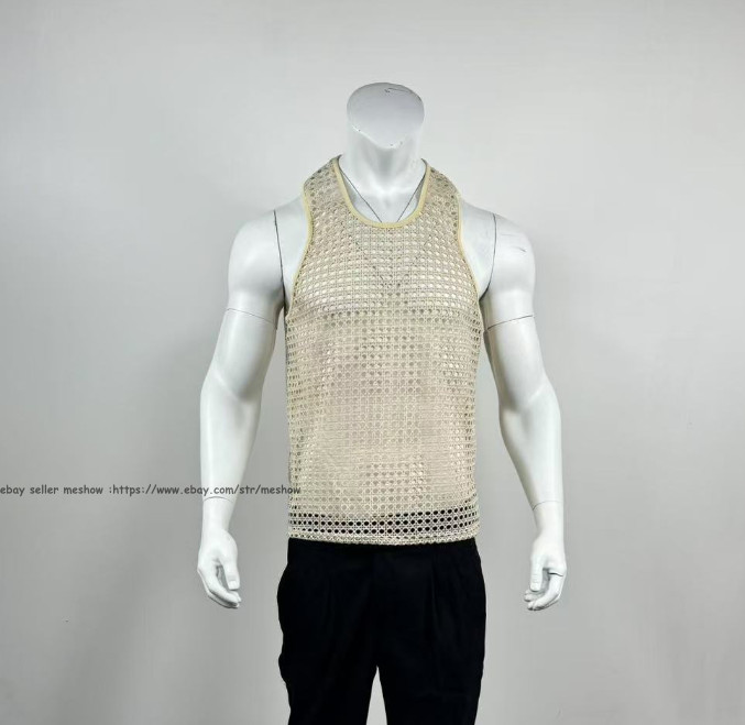 Mens Knitted Crochet Tank Tops Summer Hollow Sleeveless T-shirt Scoop Neck Shirt