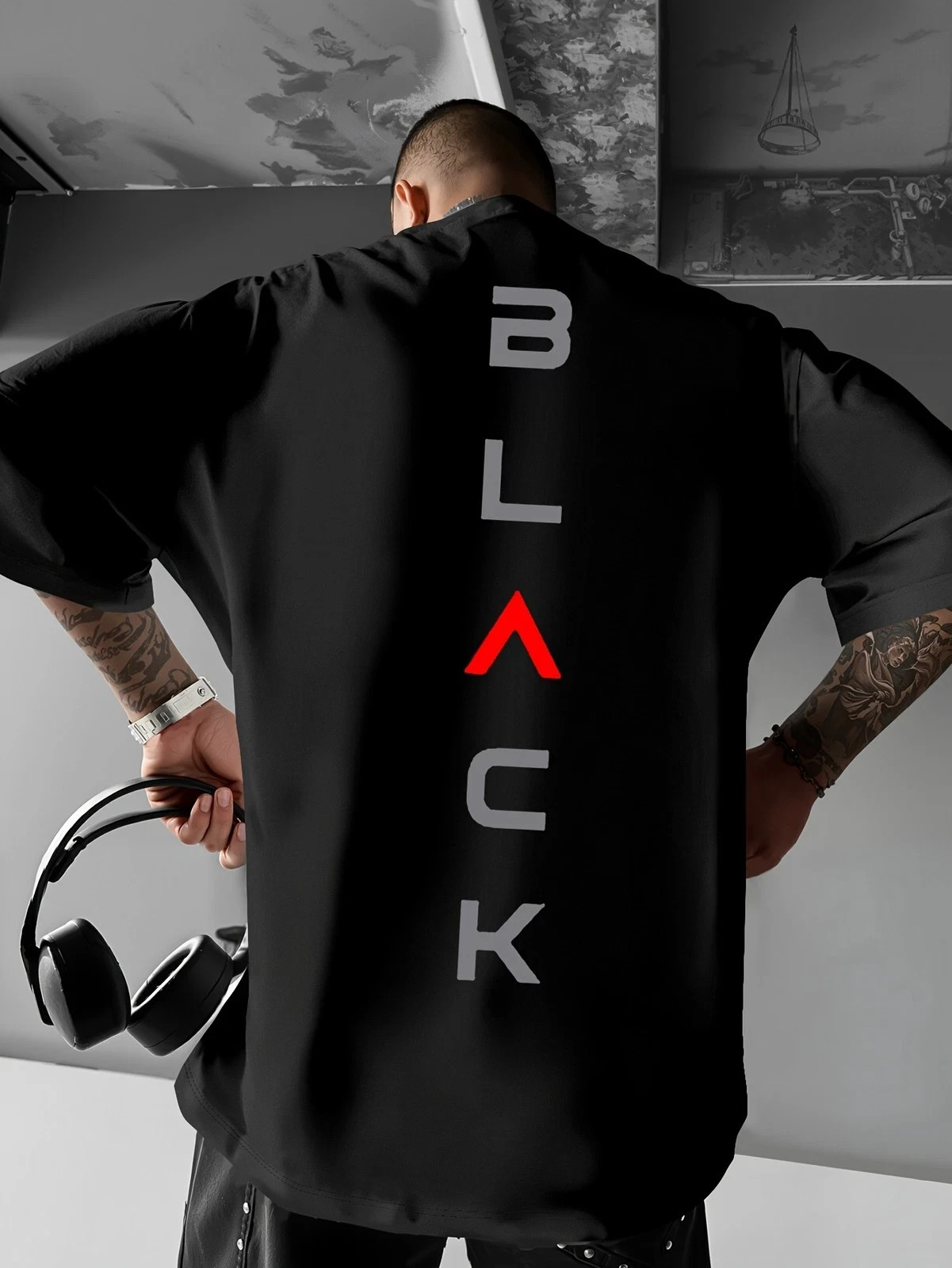 Men’s Minimalist Black & Red colorblock T-Shirt with “BLACK” print