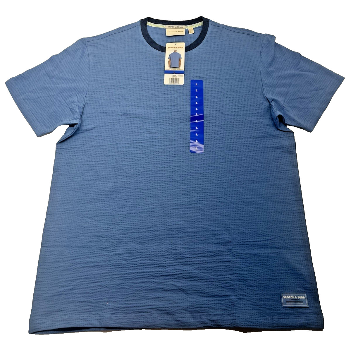 NWT Scotch and Soda Mens Large Amsterdam Blue T-Shirt w/Dark Blue Collar