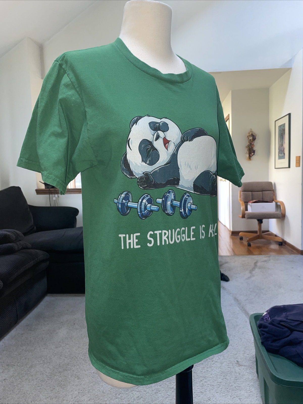 Port & Company Green T Shirt The Struggle Is Real Weightlifting Panda Size Small