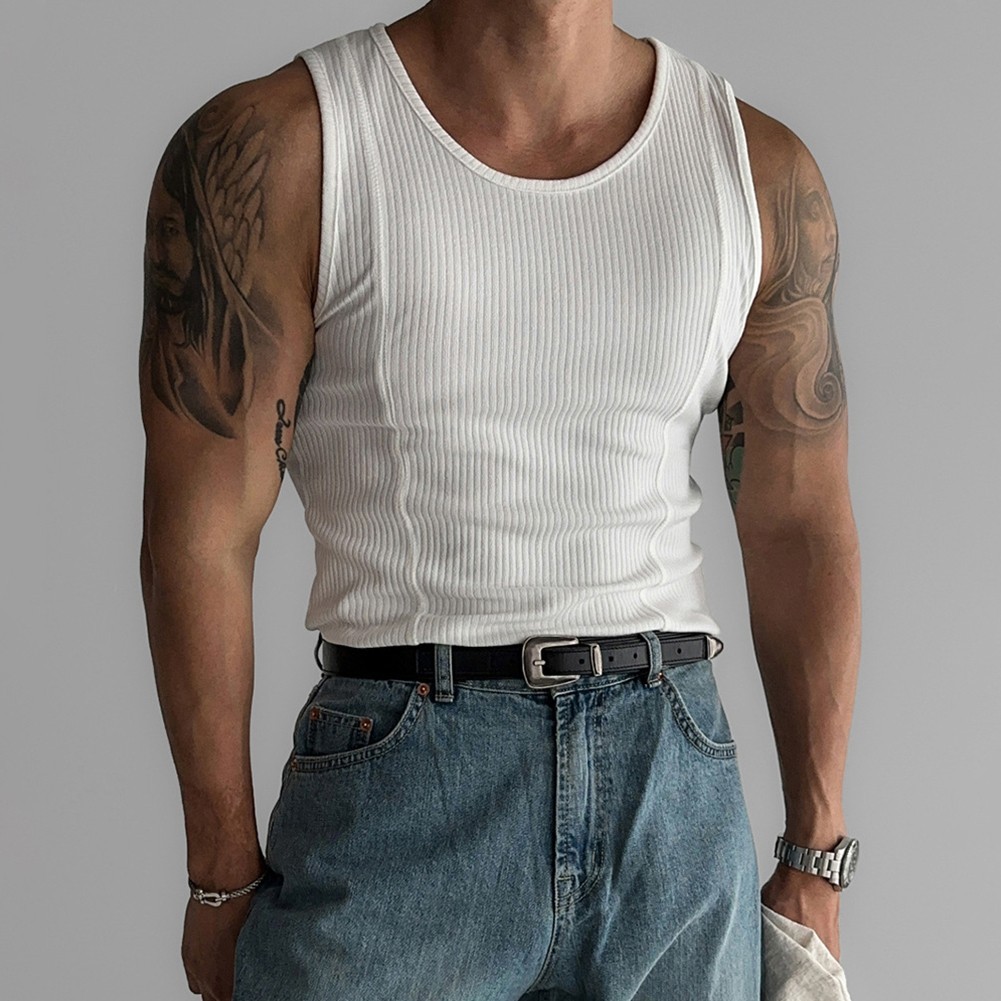 Male Top Mens Vest Casual Minimalist O-Neck Regular Ribbed Sleeveless Slim