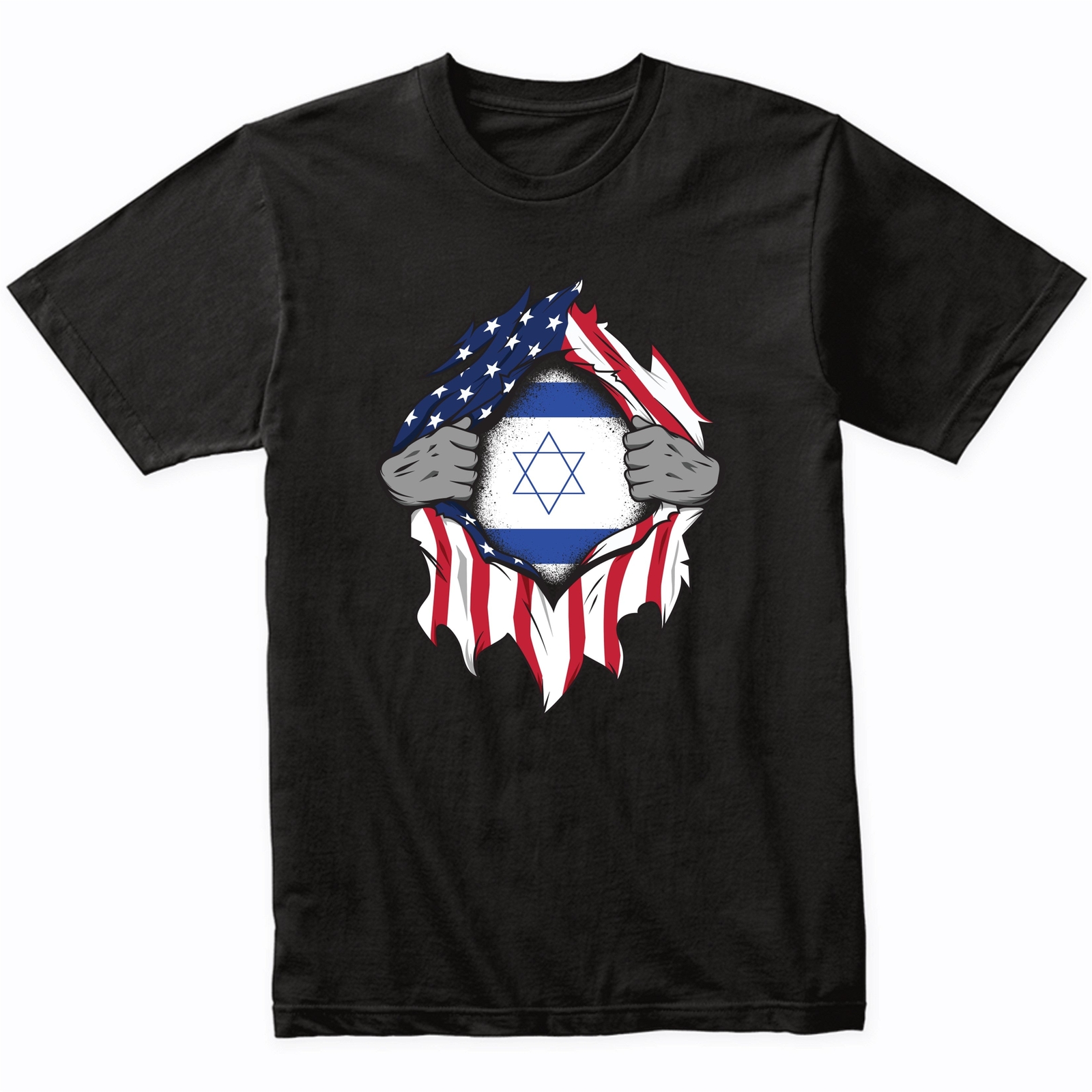Israeli American Flags Hands Ripping Flag on Chest T-Shirt – Israel Flag Shirt
