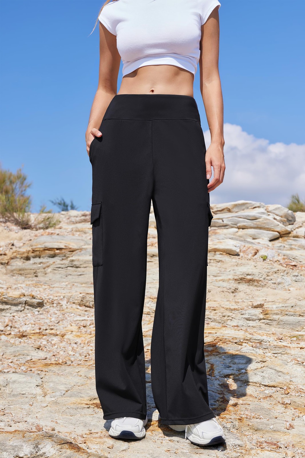 Women Casual Wide Leg Cargo Pants Stretch High Waisted Pull On Lounge Work Pa…