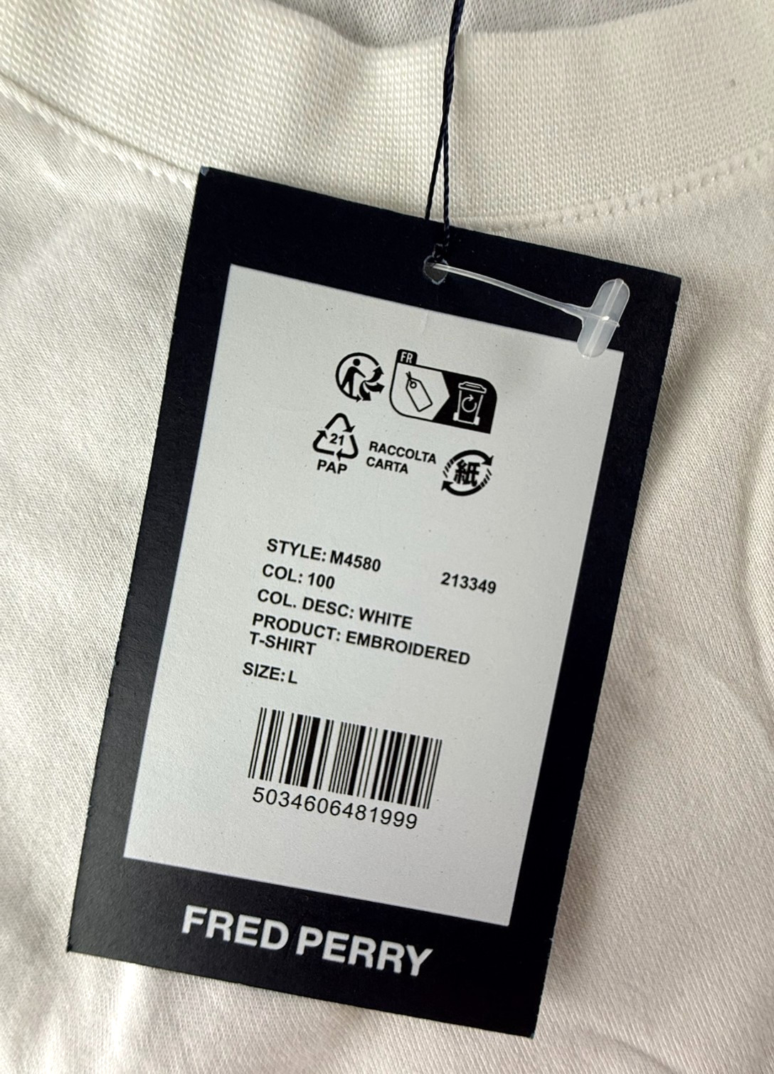 NWT Fred Perry Logo-Embroidered Crewneck White T-Shirt Men’s Size Large M4580