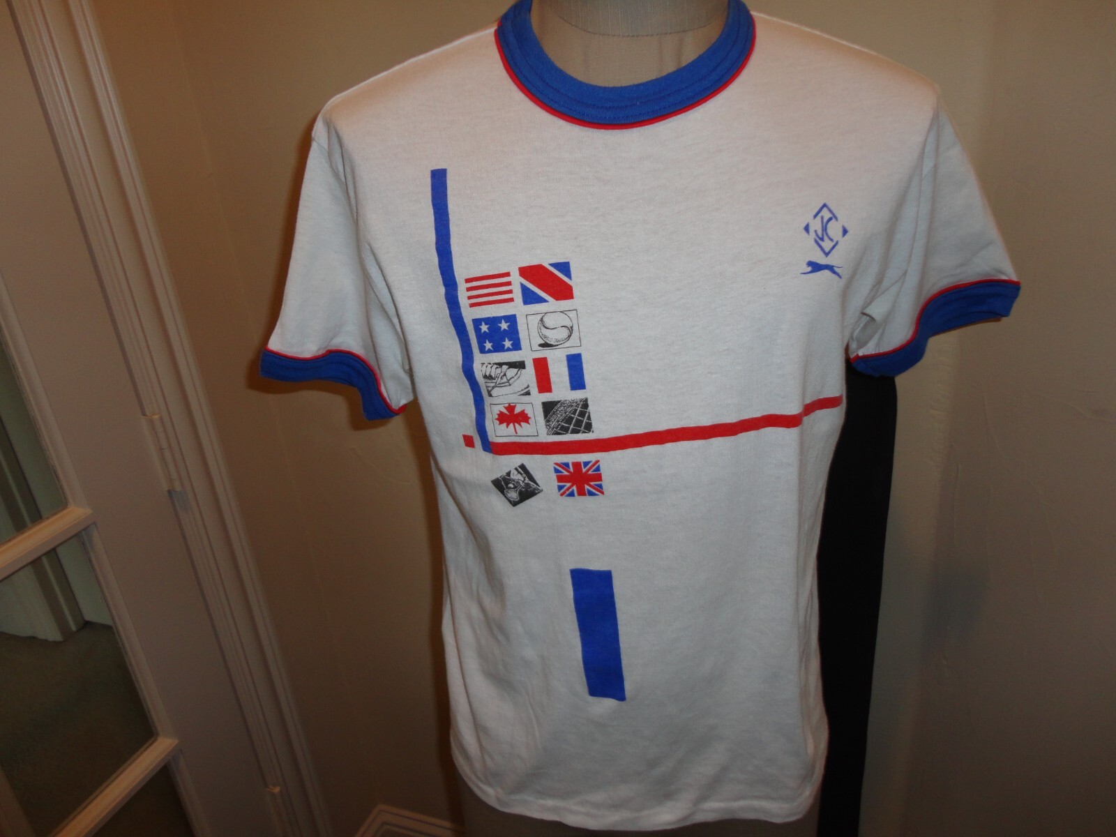 Vintage White Red Blue JC Soccer RINGER Jersey Shirt Adult M 50-50 USA Rare