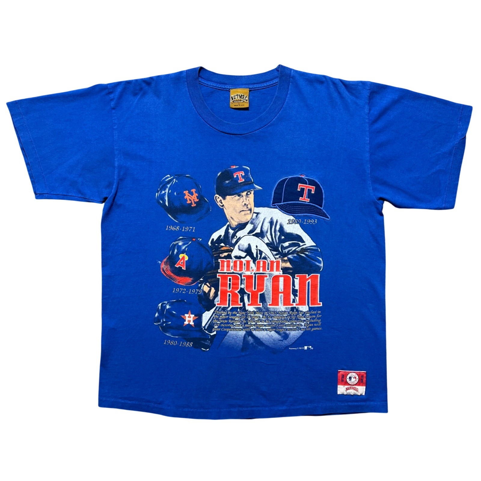 Vintage 90s Nutmeg Nolan Ryan Texas Rangers MLB T Shirt Blue Single Stitch Large