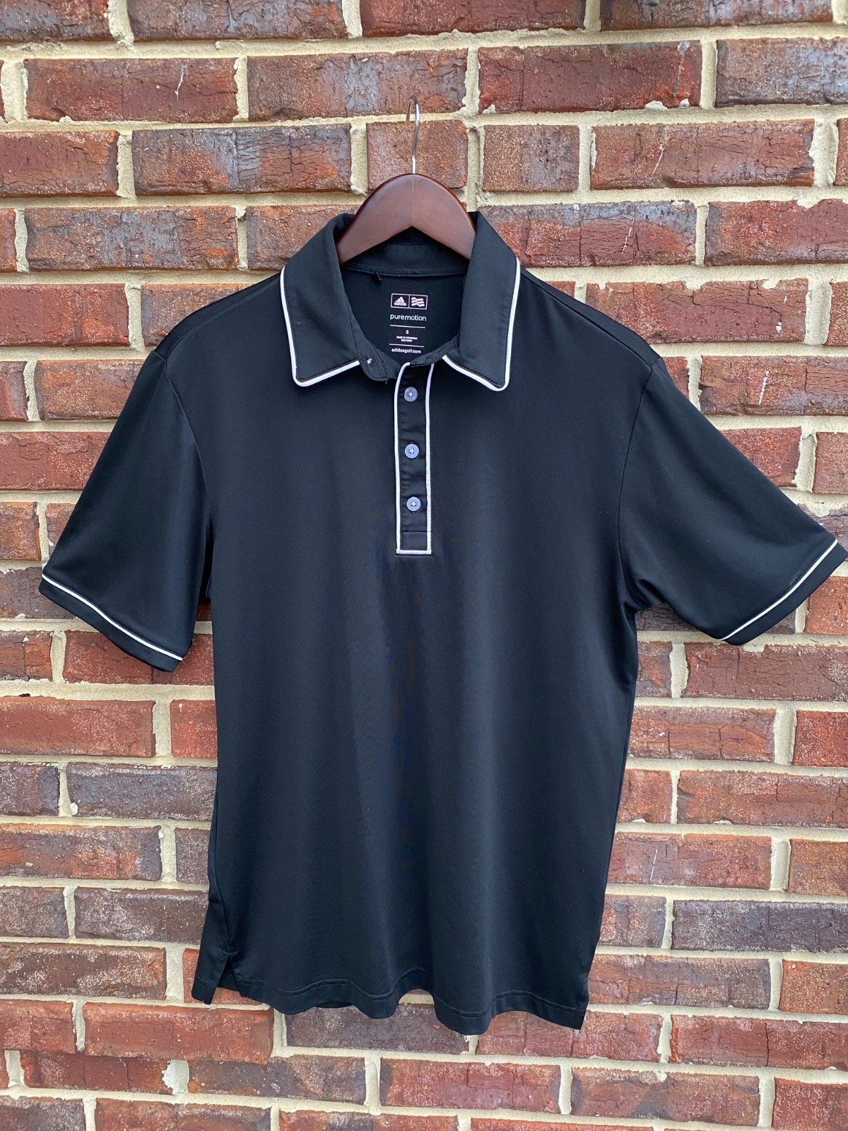 Adidas Small PureMotion mens golf shirt Black/White Contrast Piping Logo on Back