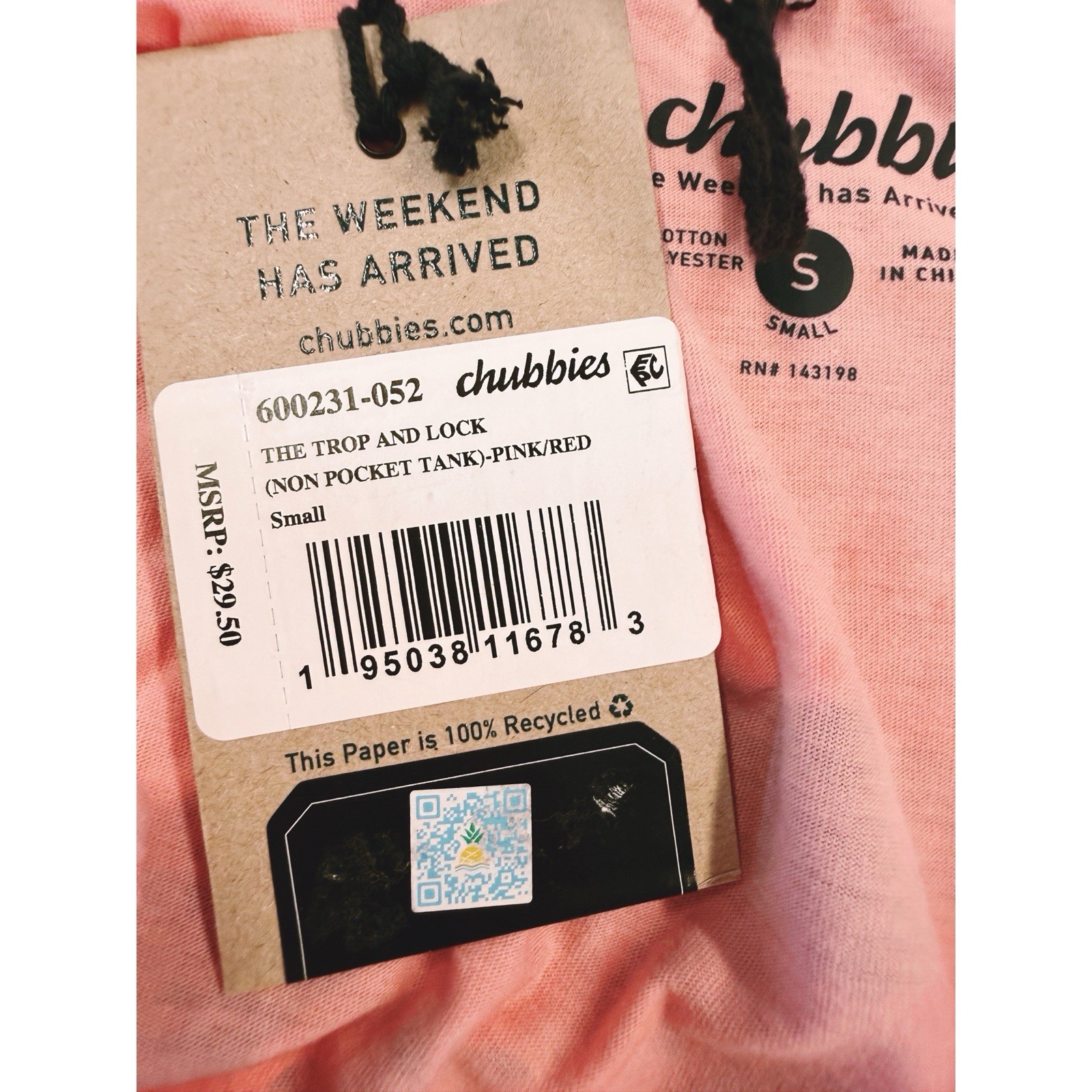 NWT Chubbies The Trop and Lock Tank Top Pink Coral Graphic, Size Small