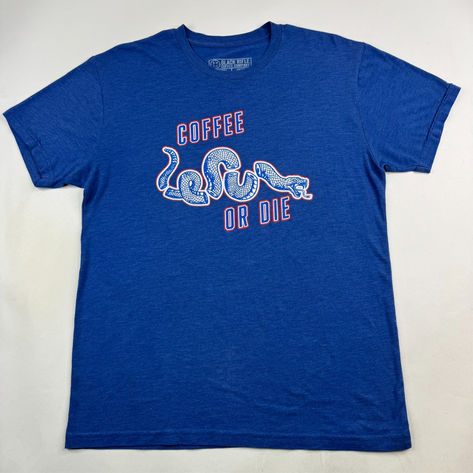 Black Rifle Coffee Company Mens Large Blue “Coffee or Die” Snake T-Shirt