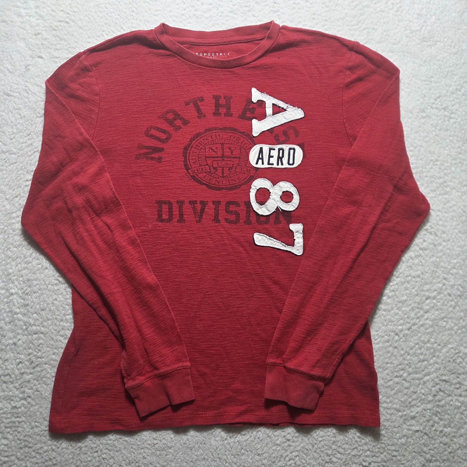Y2K Aeropostale Mens XL Red Embroidered Letters Thermal Long Sleeve Shirt Preppy