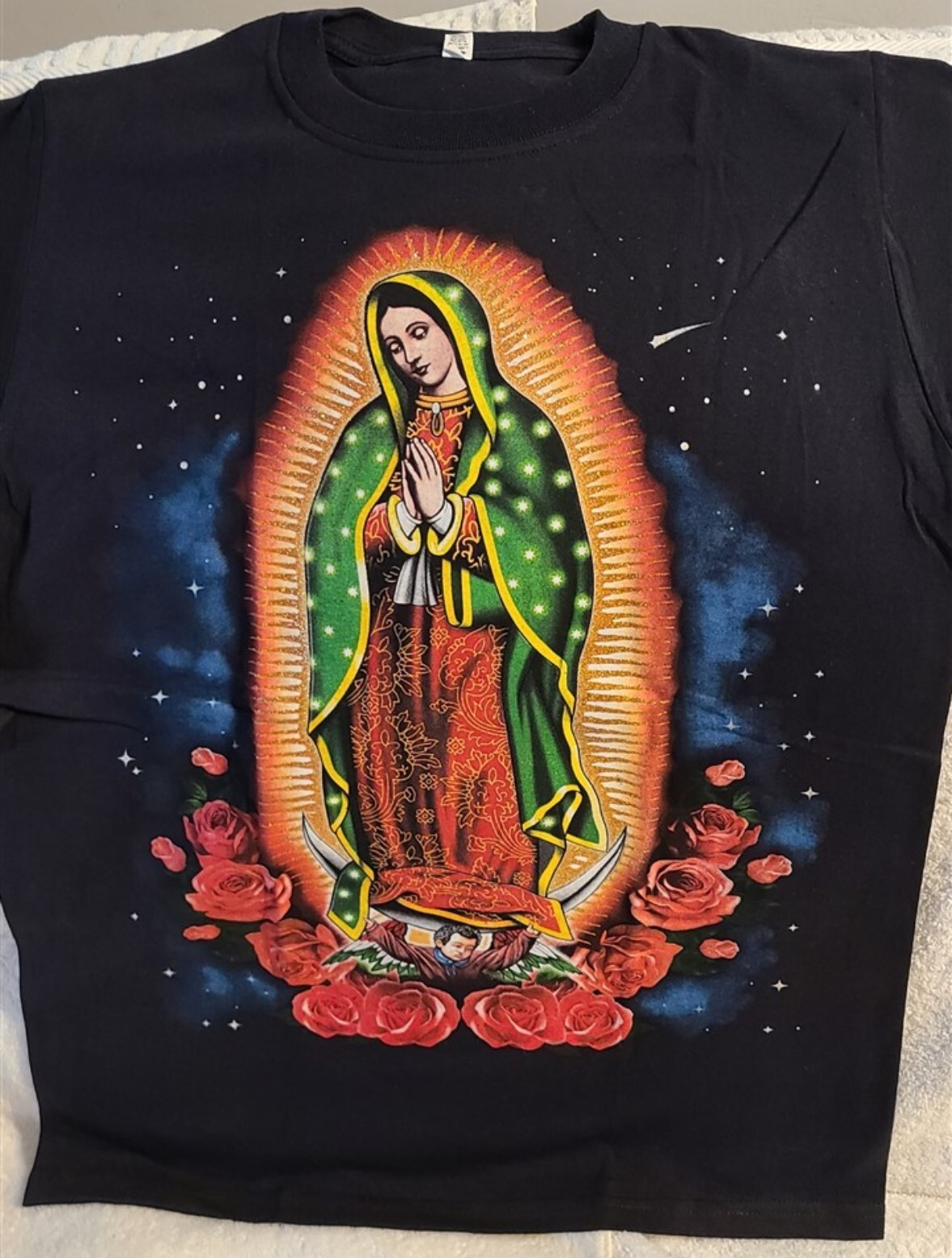 OUR LADY OF GUADALUPE STARS ROSE FLOWER SKY RELIGION VIRGIN MARY T-SHIRT