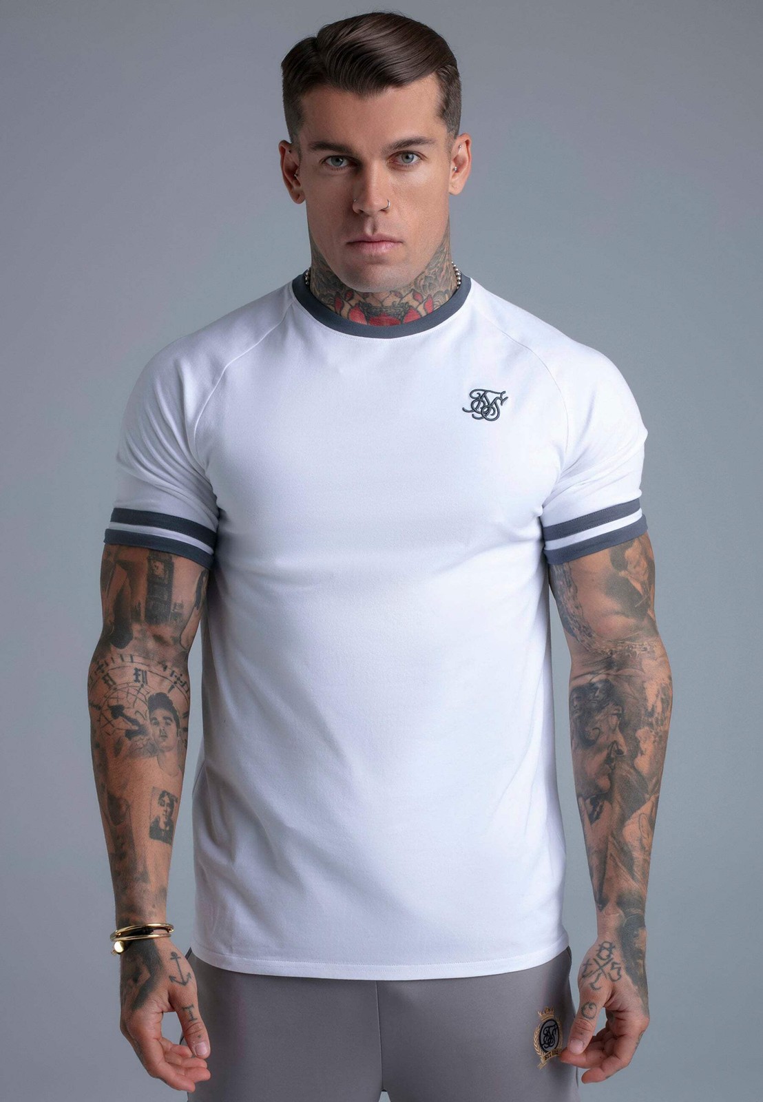 SikSilk Men’s Short Sleeved Muscle Fit Tournament T-Shirt Tee White and Grey