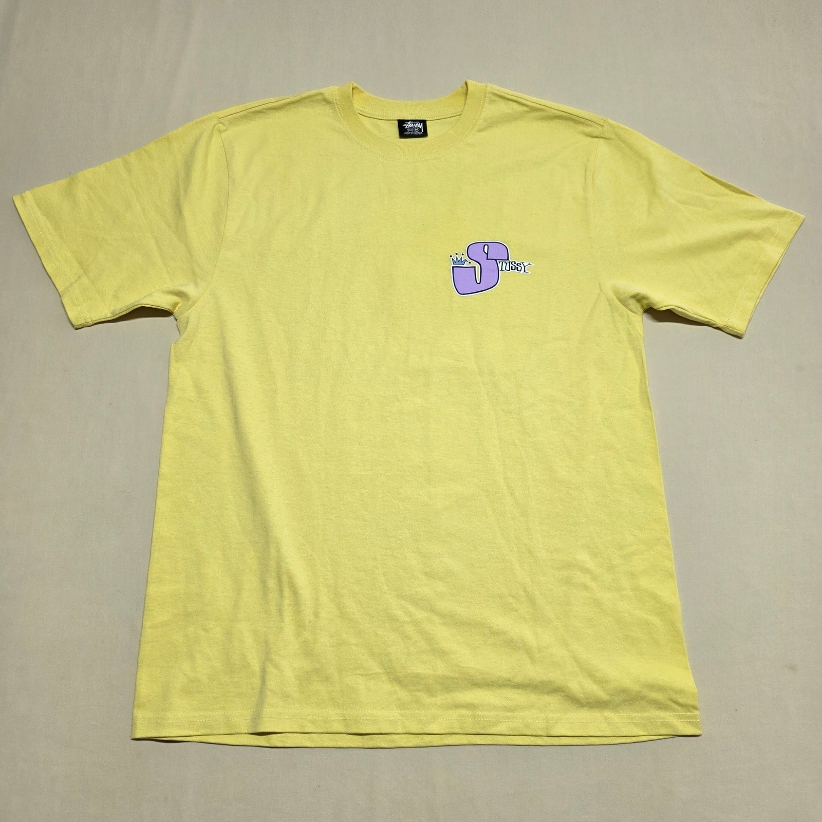 Stussy Men Yellow Crown Logo Graphic T-Shirt Size Medium Streetwear Pullover
