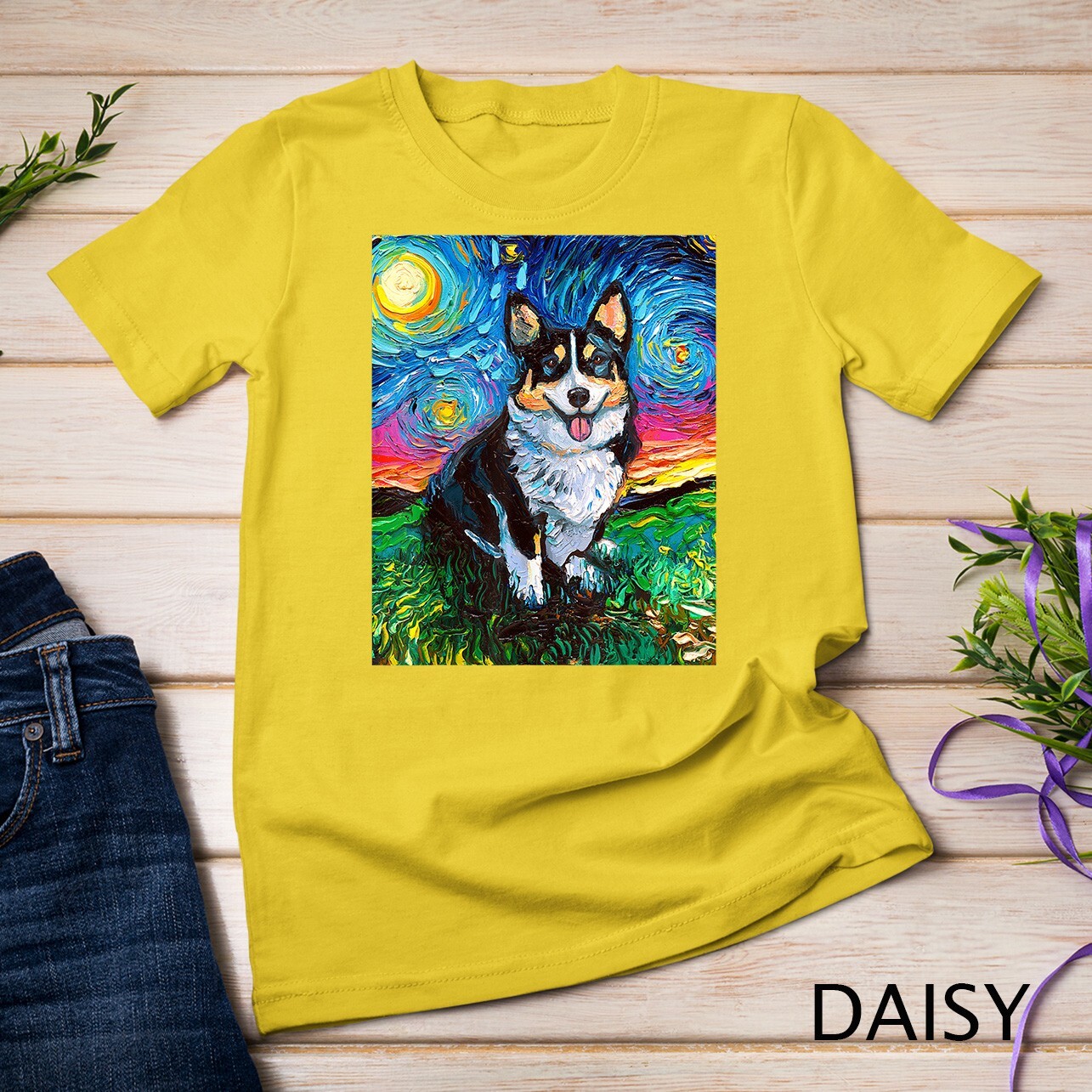 Tri Color Pembroke Welsh Corgi Starry Night Dog Art Unisex T-shirt