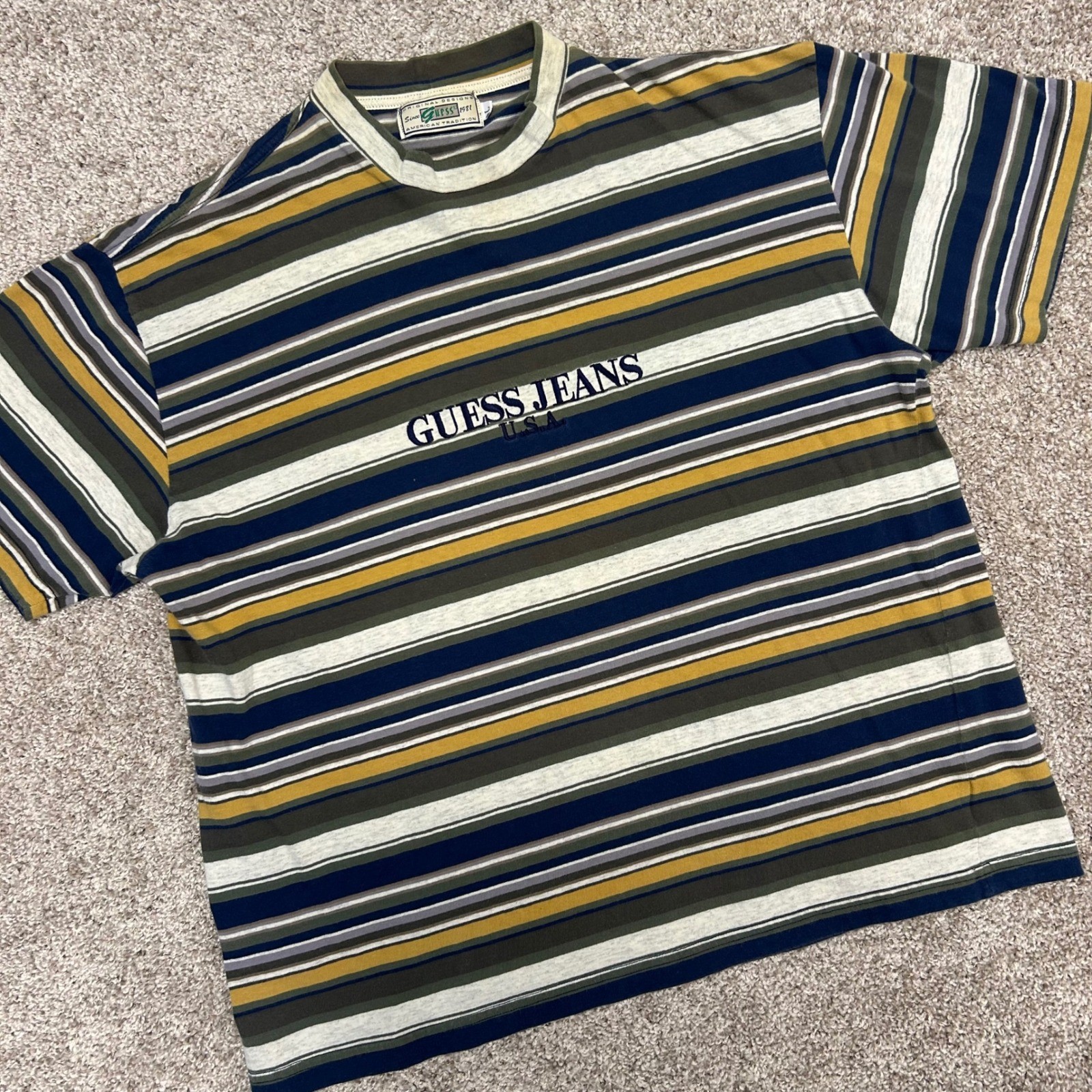 Vintage Guess Jeans Striped Tshirt Men Size Large Made In USA 90s Crewneck