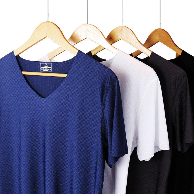 Men’s Undershirts Ice Silk T-Shirt Short Sleeve Seamless V-Neck Short Shirt