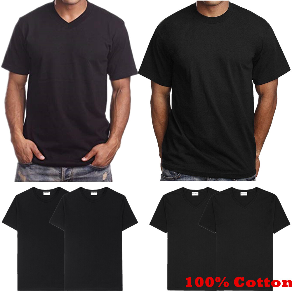 Mens 100% Cotton Thick Casual T-Shirt Black Short Sleeve Tee Crew Neck V-Neck