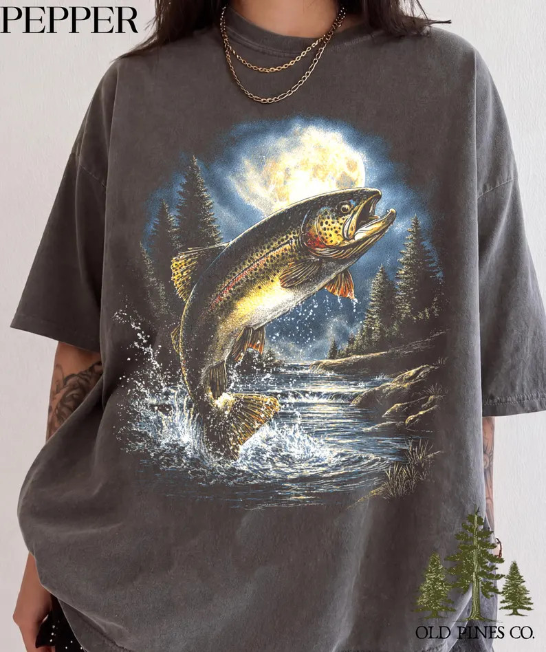 Rainbow Trout Moon Fishing Comfort Tee Angler Fisherman Gift