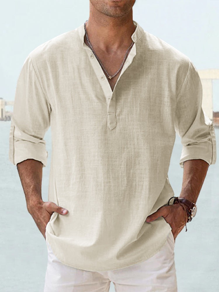 Men’s Casual Henley Shirt Long Sleeve Linen Cotton Loose Fit Summer T-Shirt