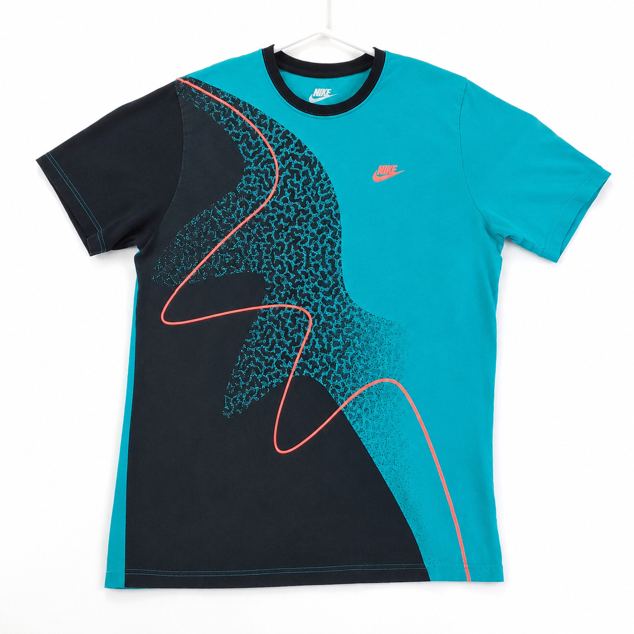 Nike T-Shirt Mens XL Teal Black Abstract Colorblock Embroidered Logo Crew Neck