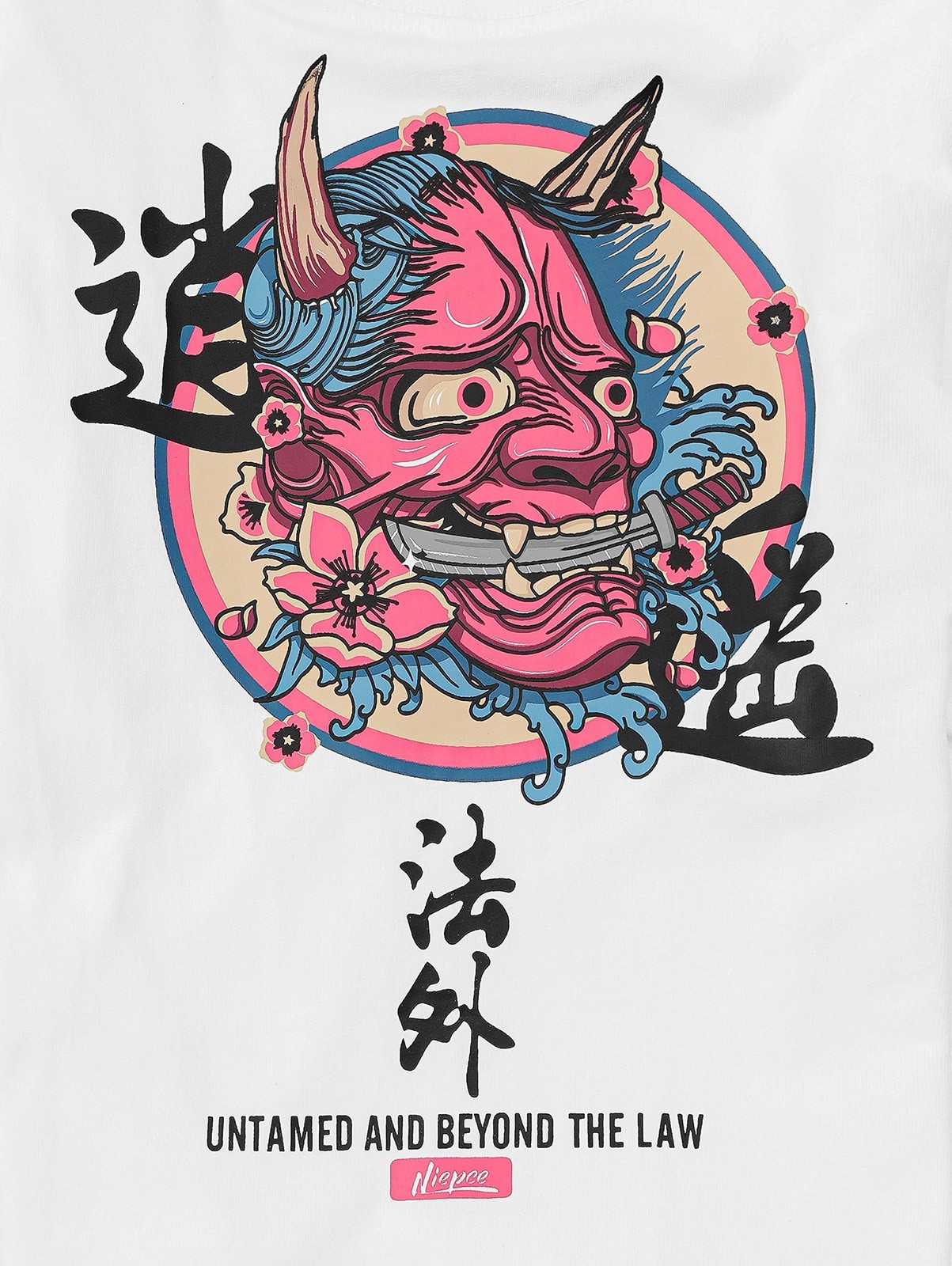 Niepce Streetwear Oni Mask Graphic Tee Japanese Kanji Printed T-shirt for Men