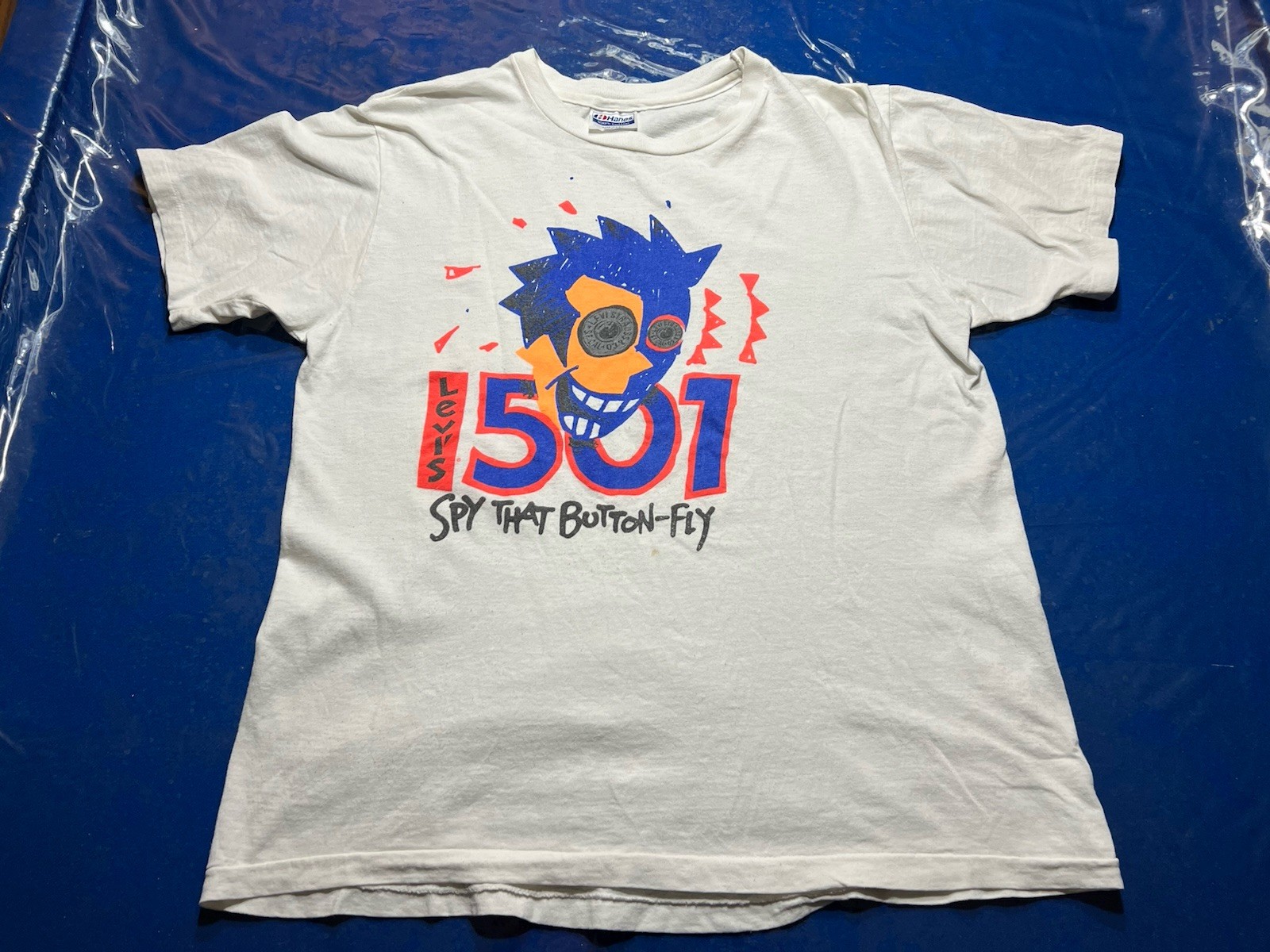Vtg Levi’s 501 Spy That Button Fly T Shirt Tee Single Stitch White Promo (0591)