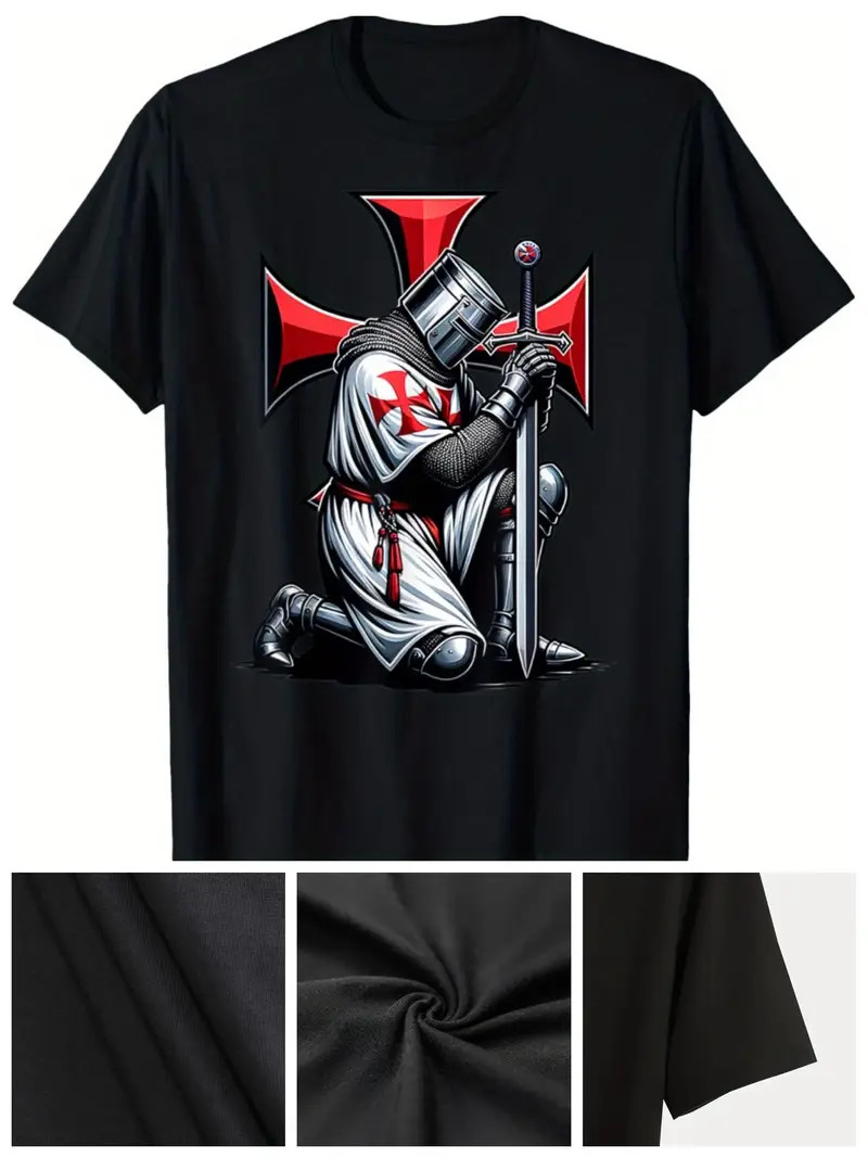 Men’s Knight Templar Christian Warrior Crusader T-Shirt – Casual Cotton Crew Nec