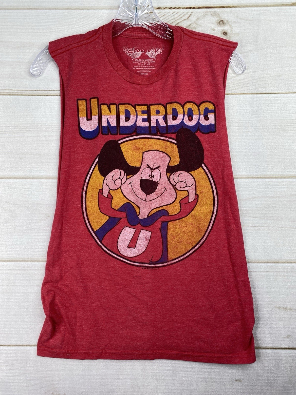 Underdog Savvy Adult Red Graphic Tee S/M Cut Off Open Sides Lightweight Retro