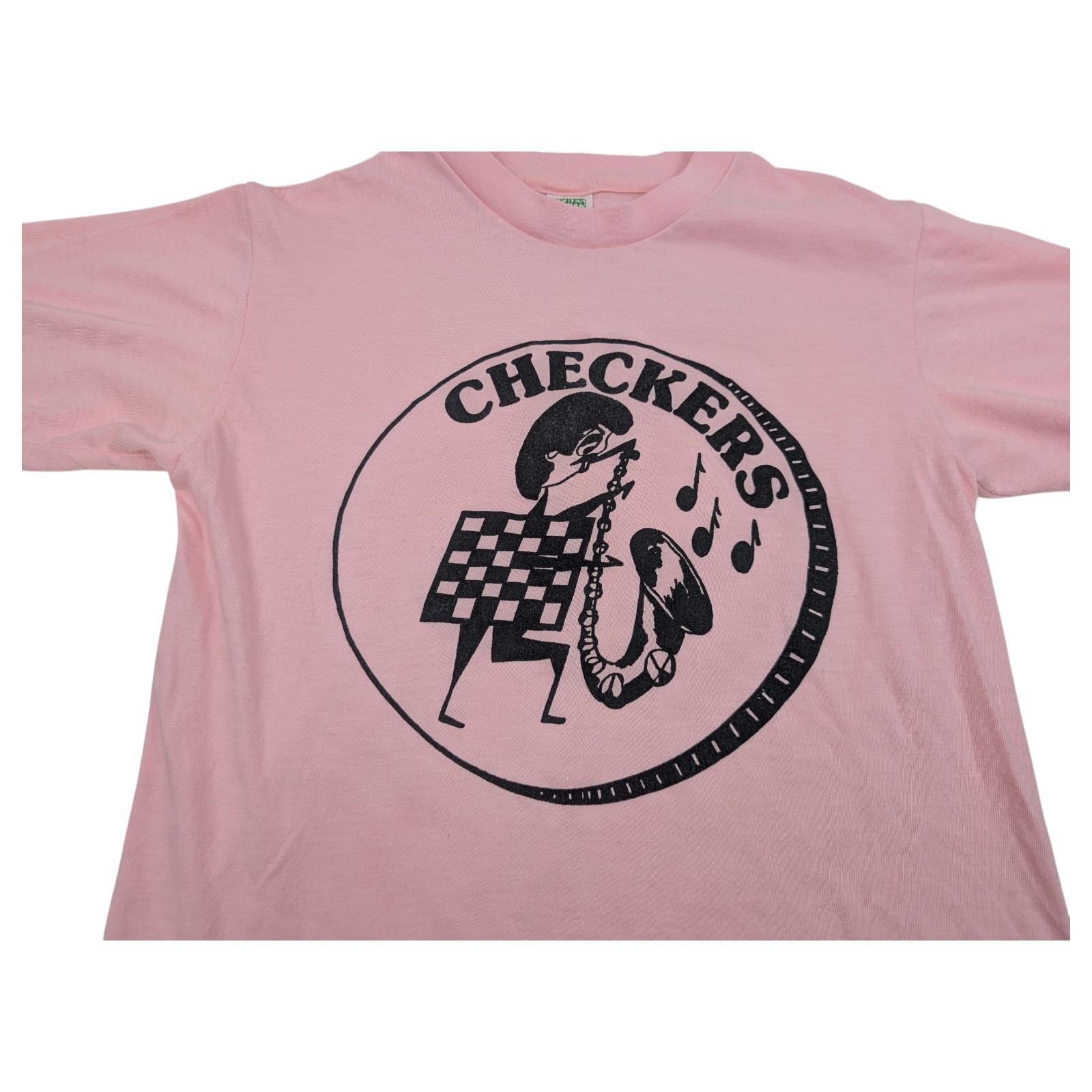 Vtg 80s Checkers Saxophone Pink Shirt Size M single stitch USA