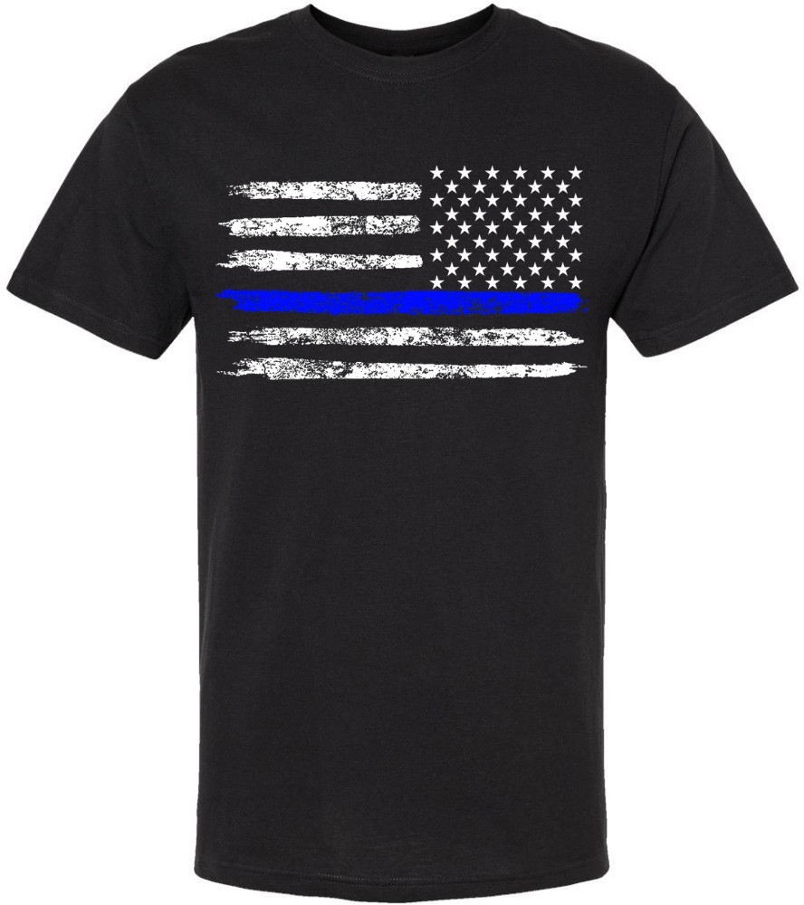 USA Flag Distressed American US Thin Line Black Crewneck Patriotic T-Shirt