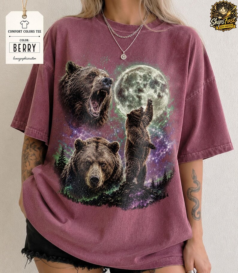 Bear Howling Moon Wildlife Animal Nature Graphic Soft Cotton Comfort Tee Gift