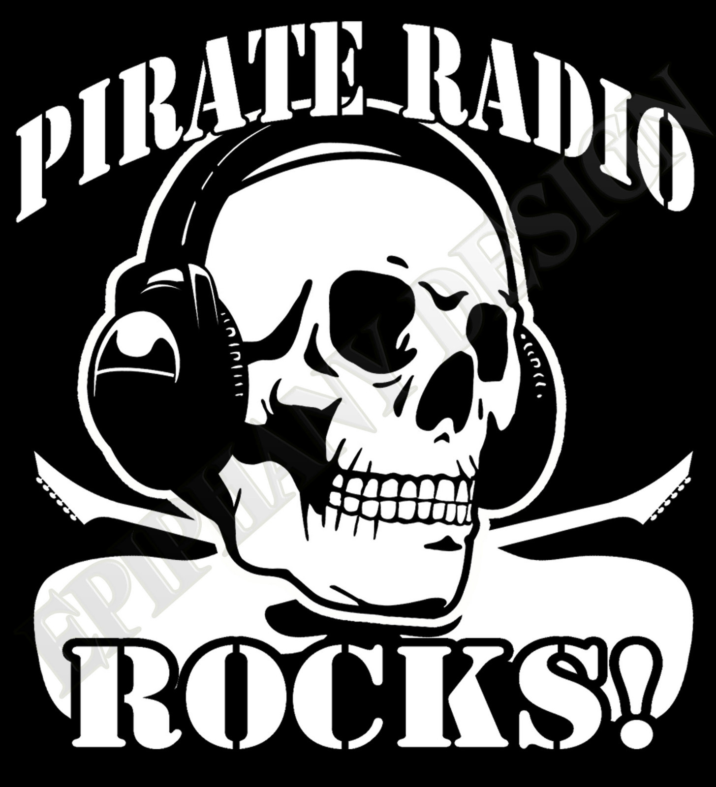 Pirate Radio T-Shirt Rocks Drum Bass DJ 60’S Caroline London Skull Headphones