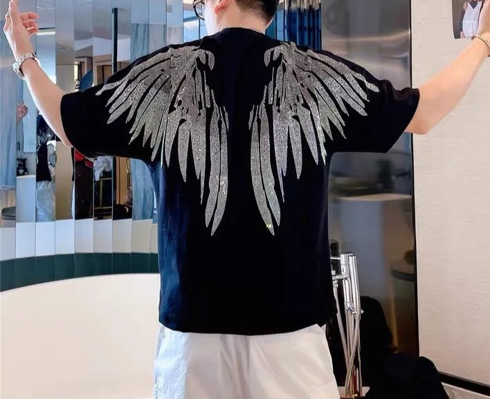 New Men Luxury Diamond Wings Rhinestones Fashion T-Shirt High Quality