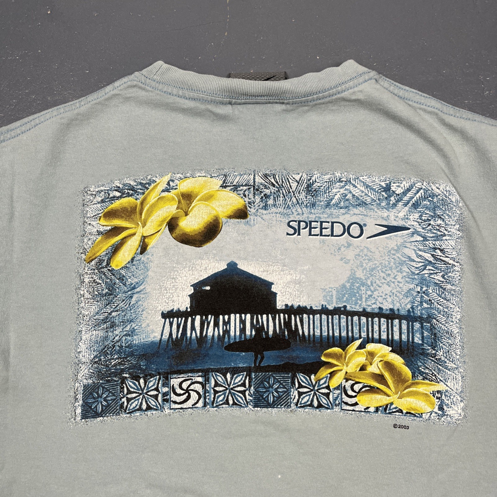Vintage Y2K Speedo Graphic Tee Blue Large Double Sided VTG Beach Casual