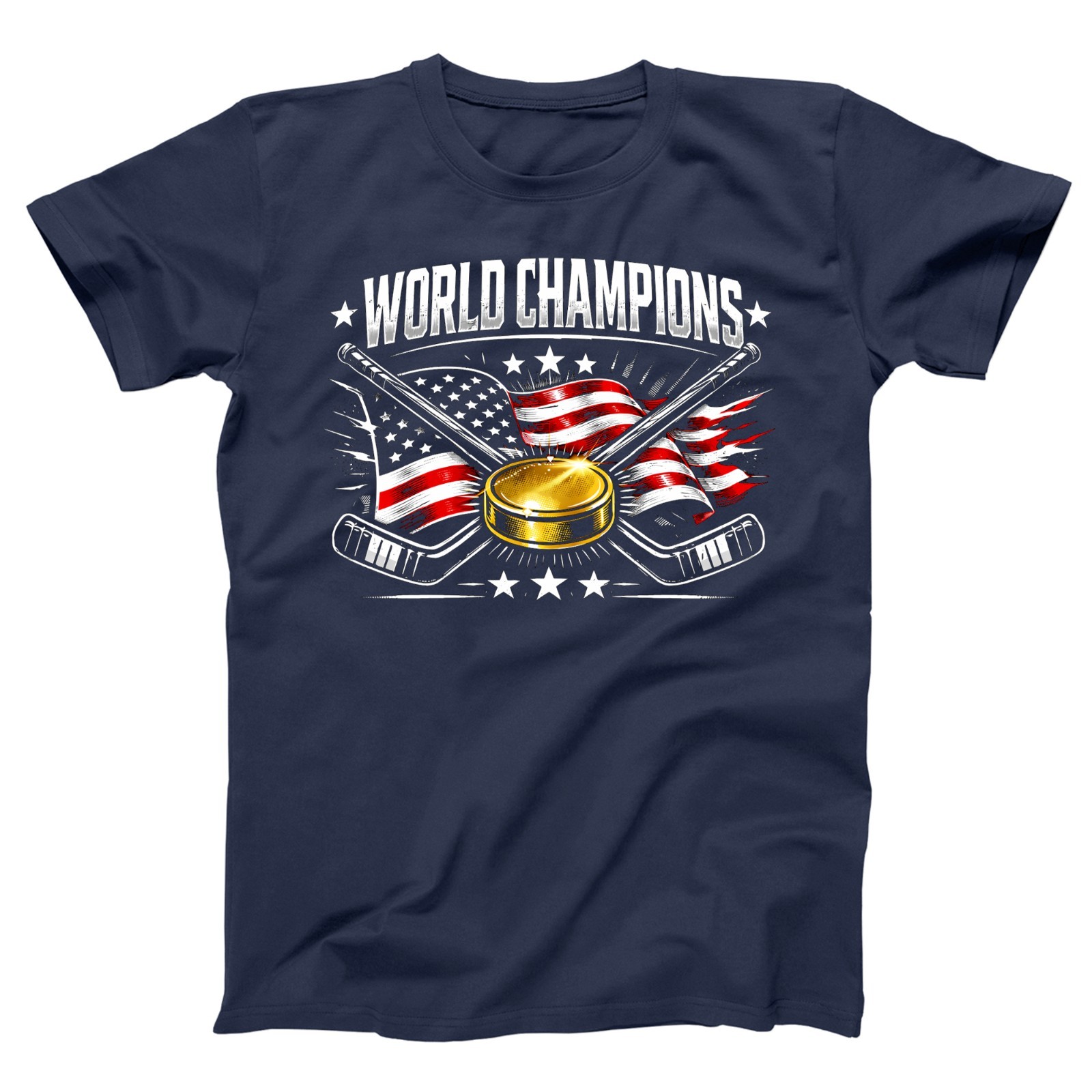 USA World Champions Gold Medal Hockey Champs American Flag Xs-6X Soft T-shirt