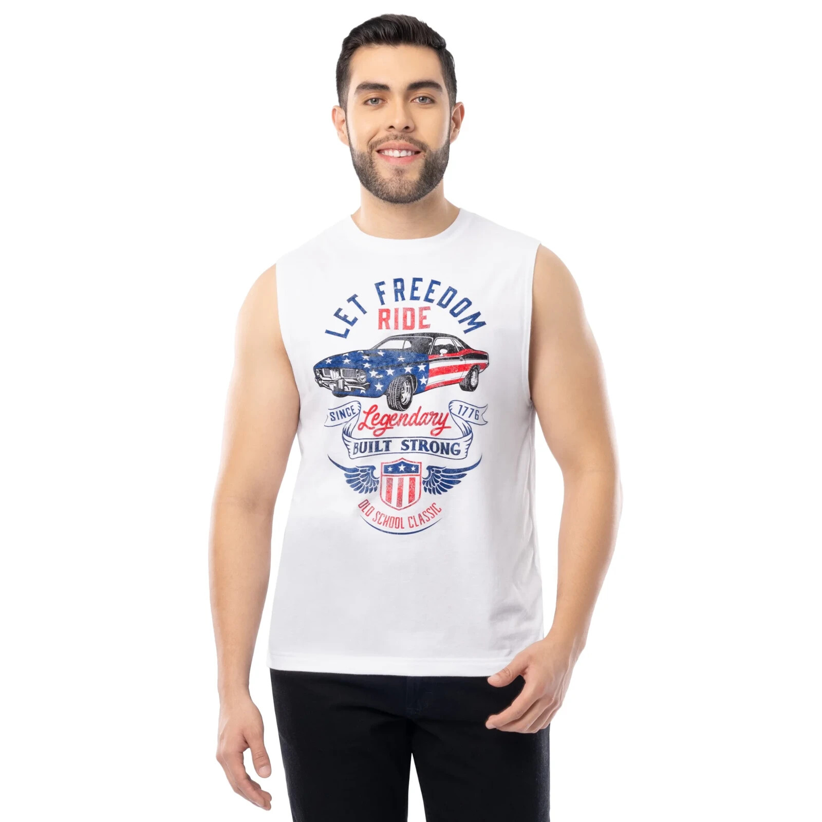 Way to Celebrate Men’s 4th of July Vintage Car Americana Muscle Tank White