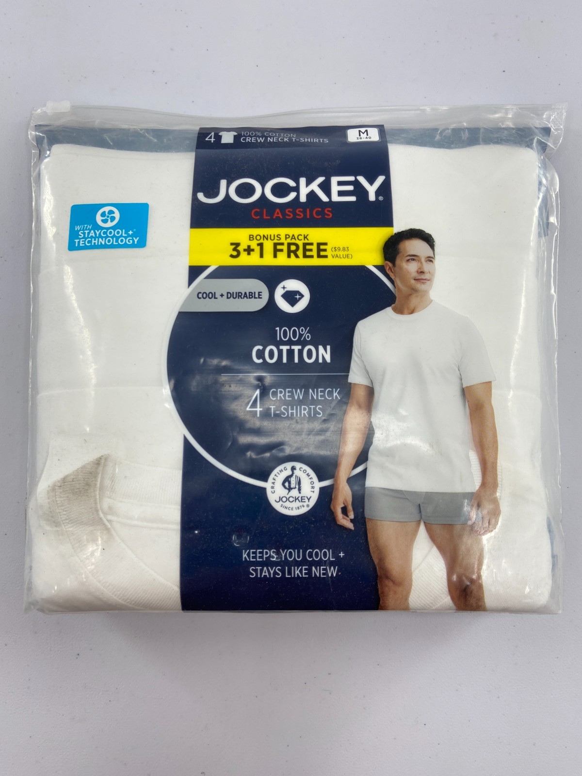 Jockey Men’s 4-Pack Crew Neck T-Shirts- White- Size Medium 38-40