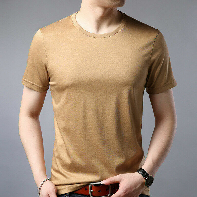 Mens Mulberry Silk Short-Sleeved M-3XLSummer Round Neck Solid Color Casual Top