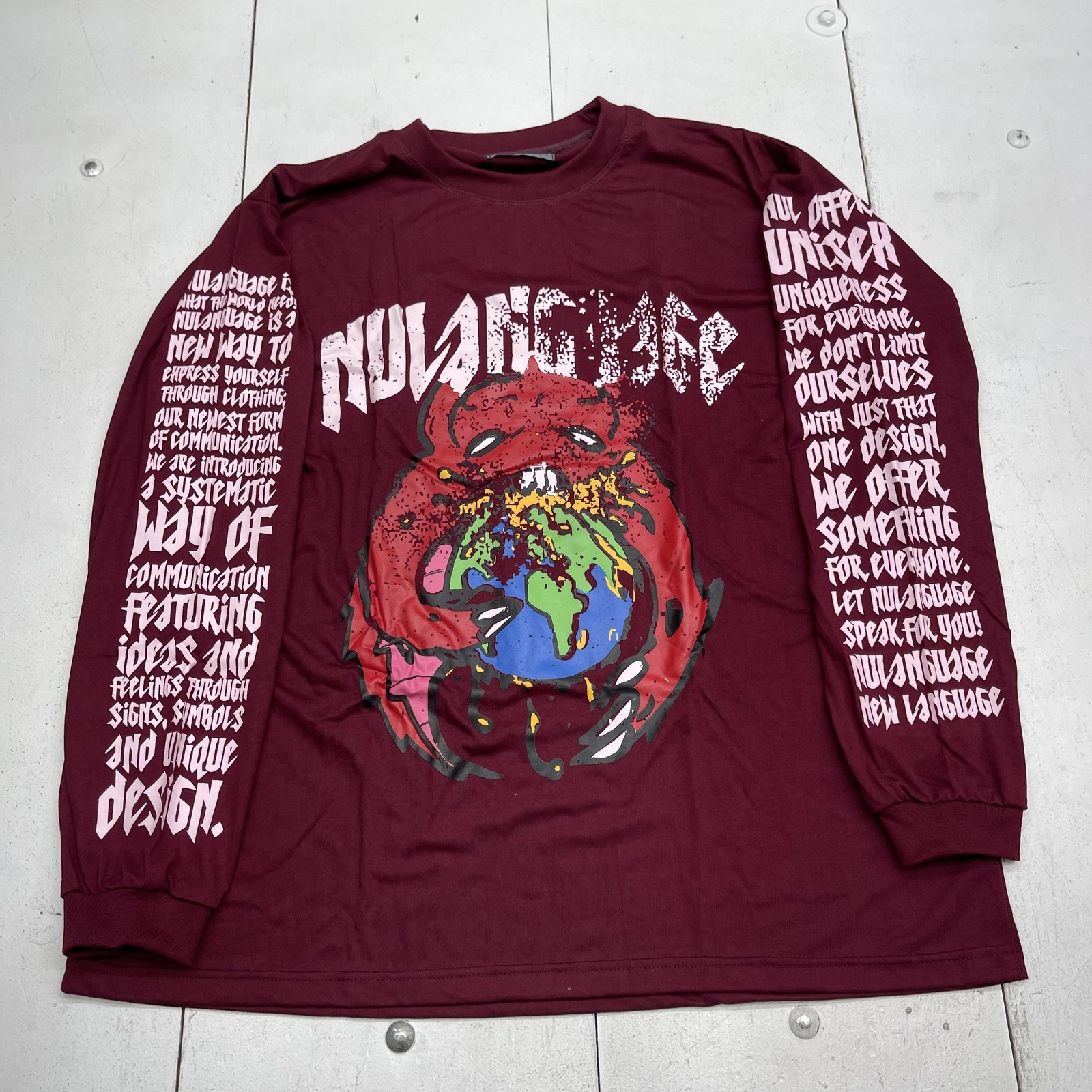 NULANGUAGE Collection Shirt Mens XL Red Long Sleeve World Graphic Tee Streetwear
