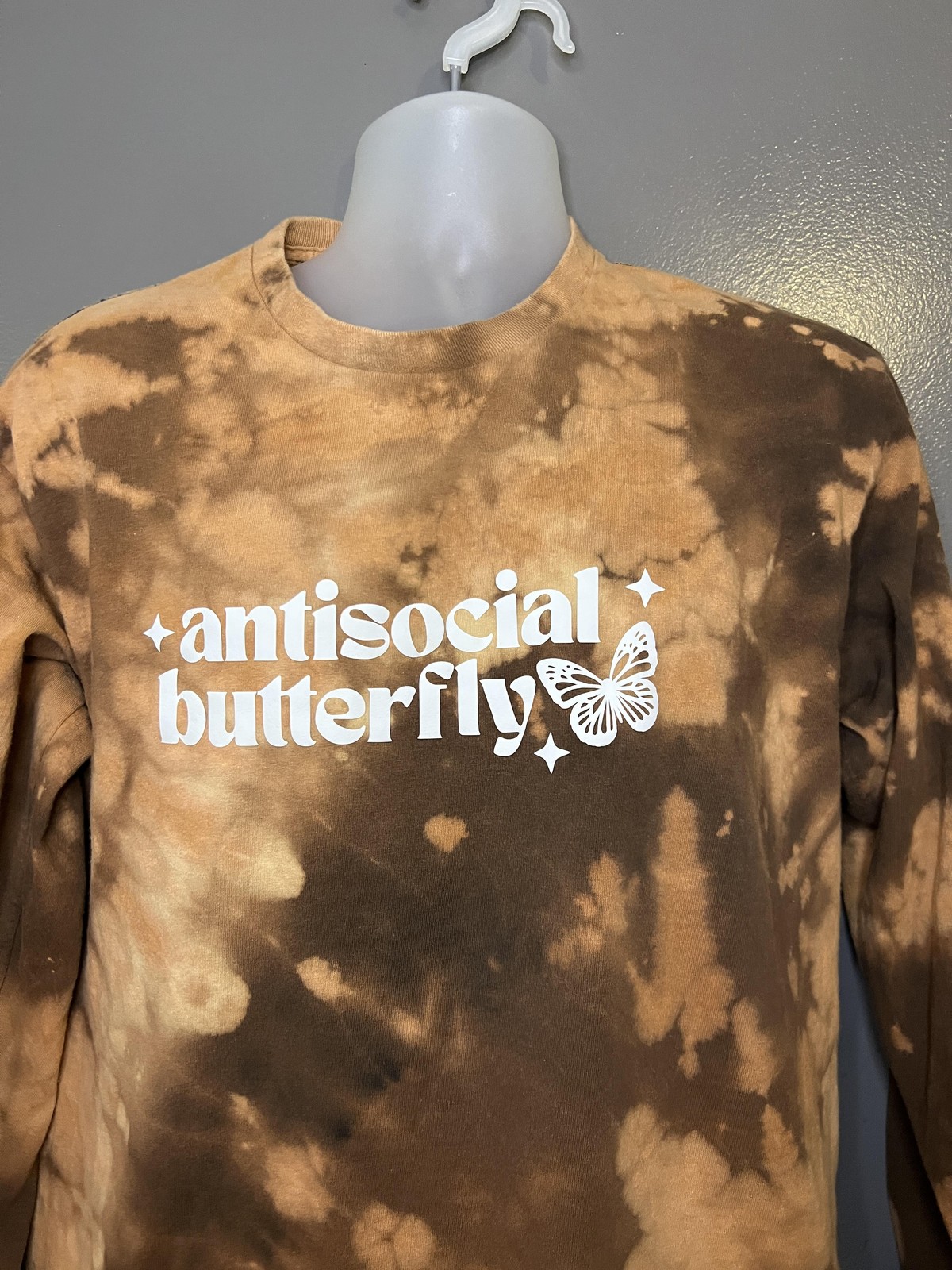 Antisocial Butterfly Long Sleeve Tee Shirt Mens Large Brown Tie Dye Boho Gildan