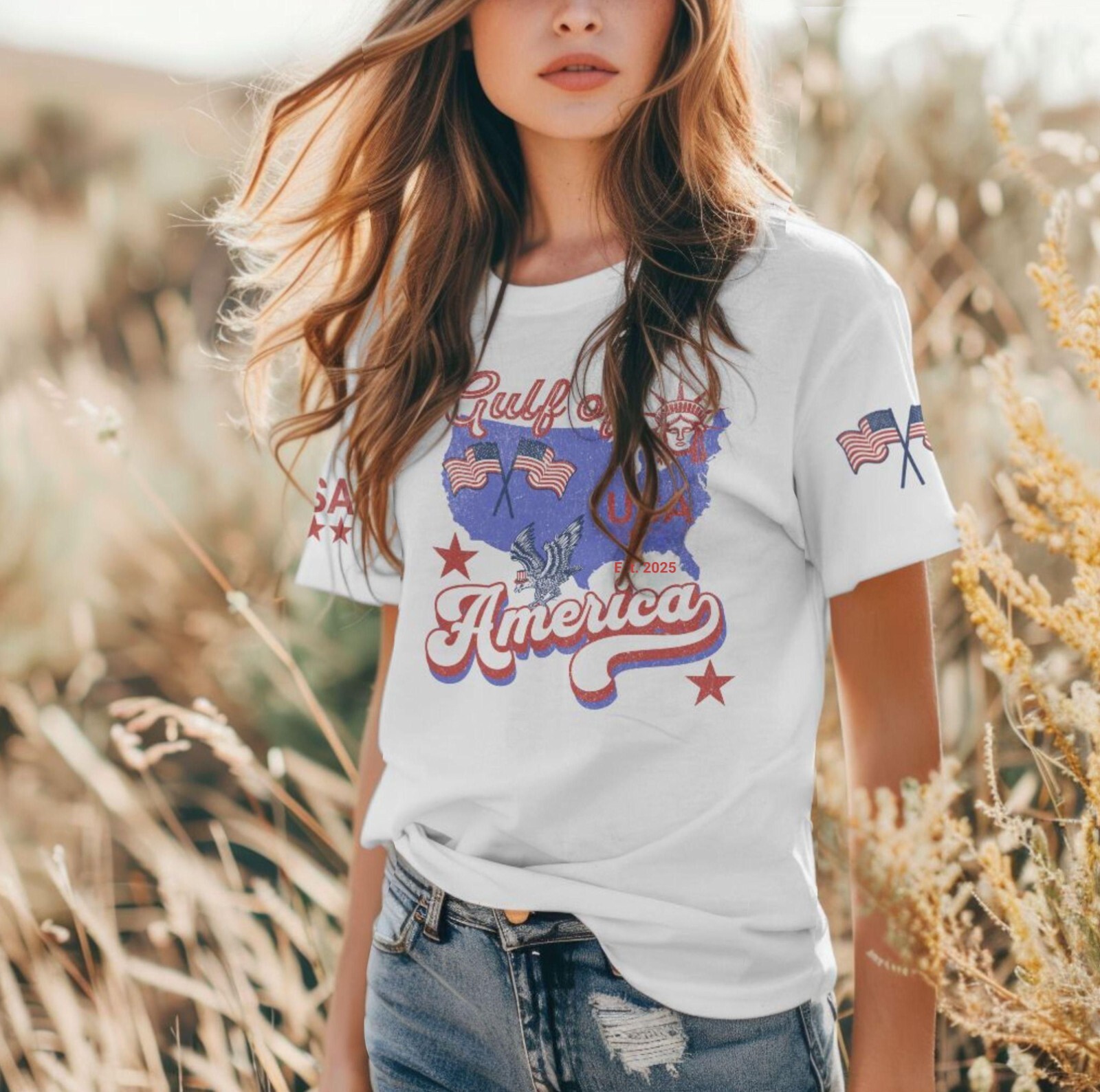 Gulf Of USA America, Tee, T-Shirt or Hoodie Unisex, USA Flag Sleeve