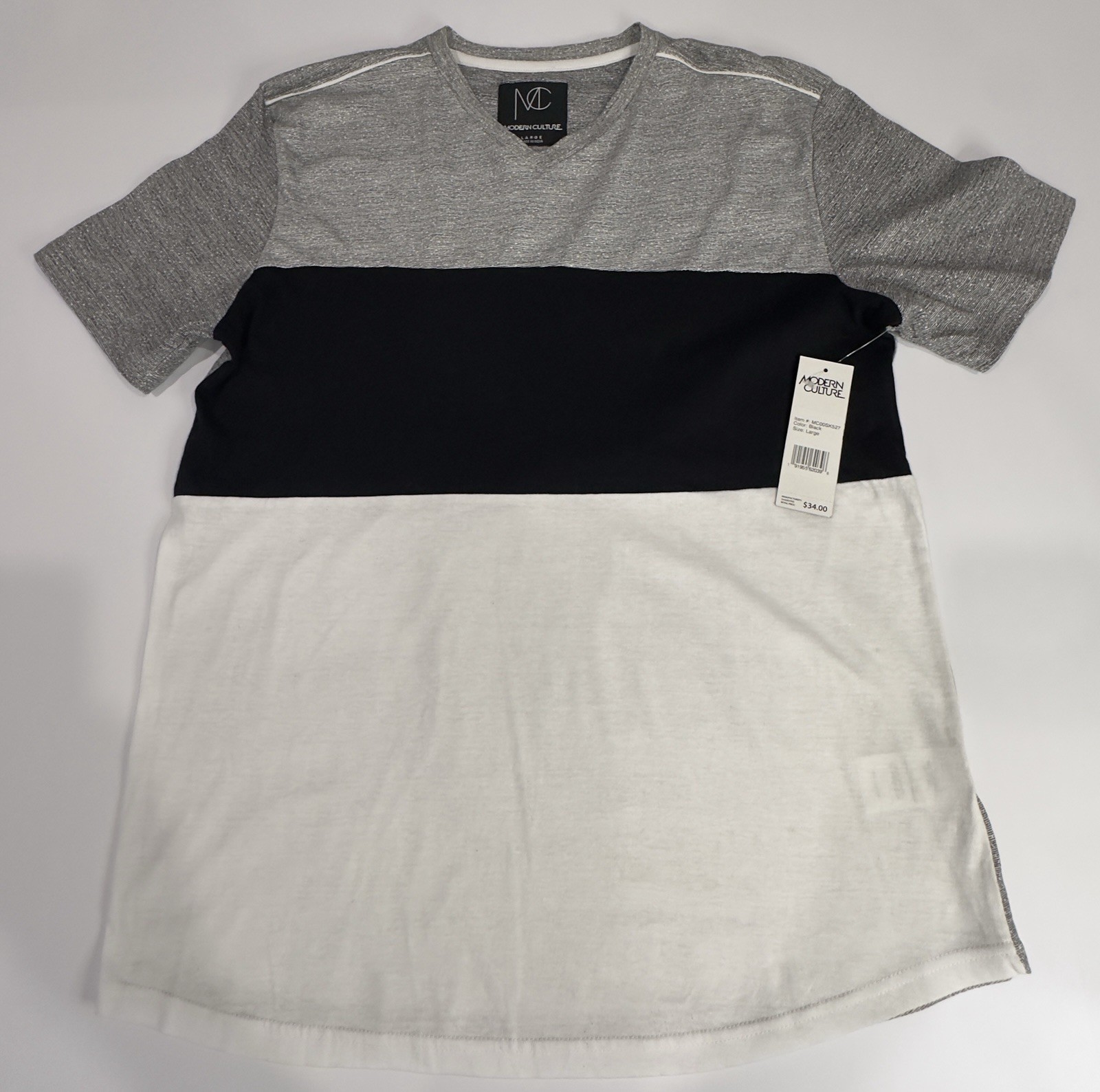 Modern Culture Men’s V-Neck Short Sleeve Colorblock T-Shirt Gray Black White L