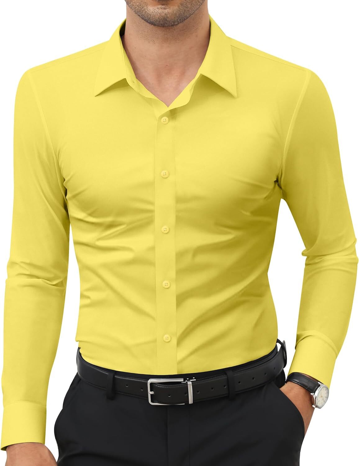 Stretch Slim Fit Wrinkle Free Long Sleeve Dress Shirt for Men Button Down