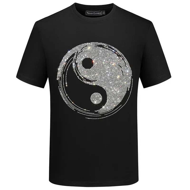 New Men Luxury Diamond Rhinestones Fashion Black T-Shirt High Quality